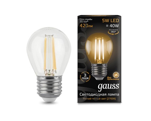 Лампа светодиодная филаментная Gauss E27 5W 2700K прозрачная 105802105