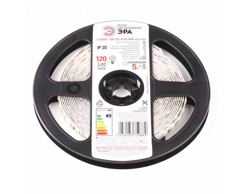 Светодиодная лента ЭРА 9,6W/m 120LED/m 2835SMD теплый белый 5M LS2835-120LED-IP20-WW-eco-5m Б0035596