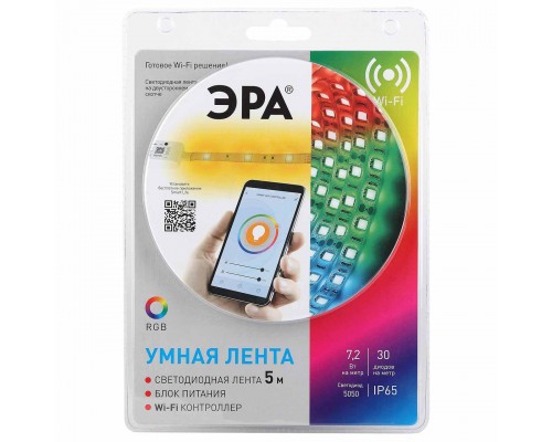 Светодиодная влагозащищенная лента ЭРА 7,2W/m 30LED/m 5050SMD RGB 5M 5050-30-RGB-IP65-Wifi-5m (12V) Б0043446