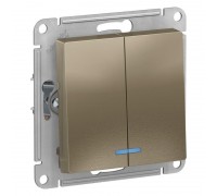 Выключатель двухклавишный Schneider Electric AtlasDesign 10A 250V с подсветкой шампань ATN000553